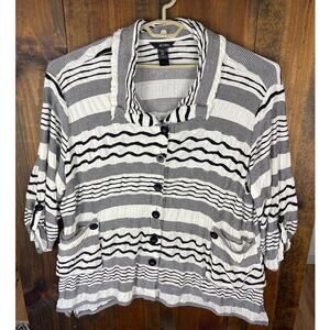 Ali Miles Black Ivory Textured Striped Knit 3/4 Sleeves Button Front Top 3X FLAW